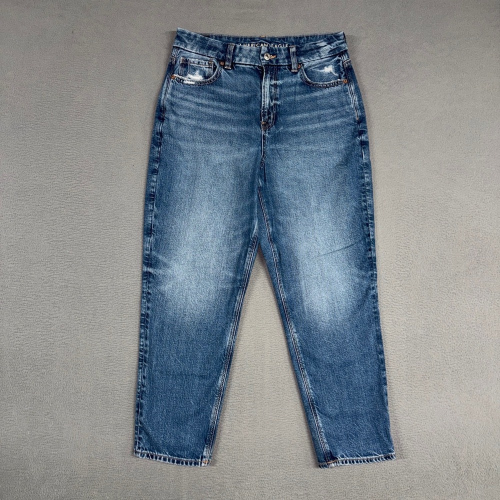 American Eagle Jeans Women 10 Short Blue Curvy Mom Stretch High Rise Distressed